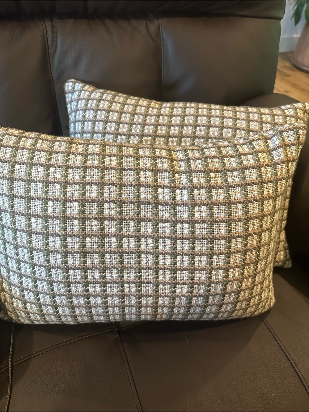 2-Decorative Olive Green and Cream Check Accent Pillow 
11 x 18
Brand New